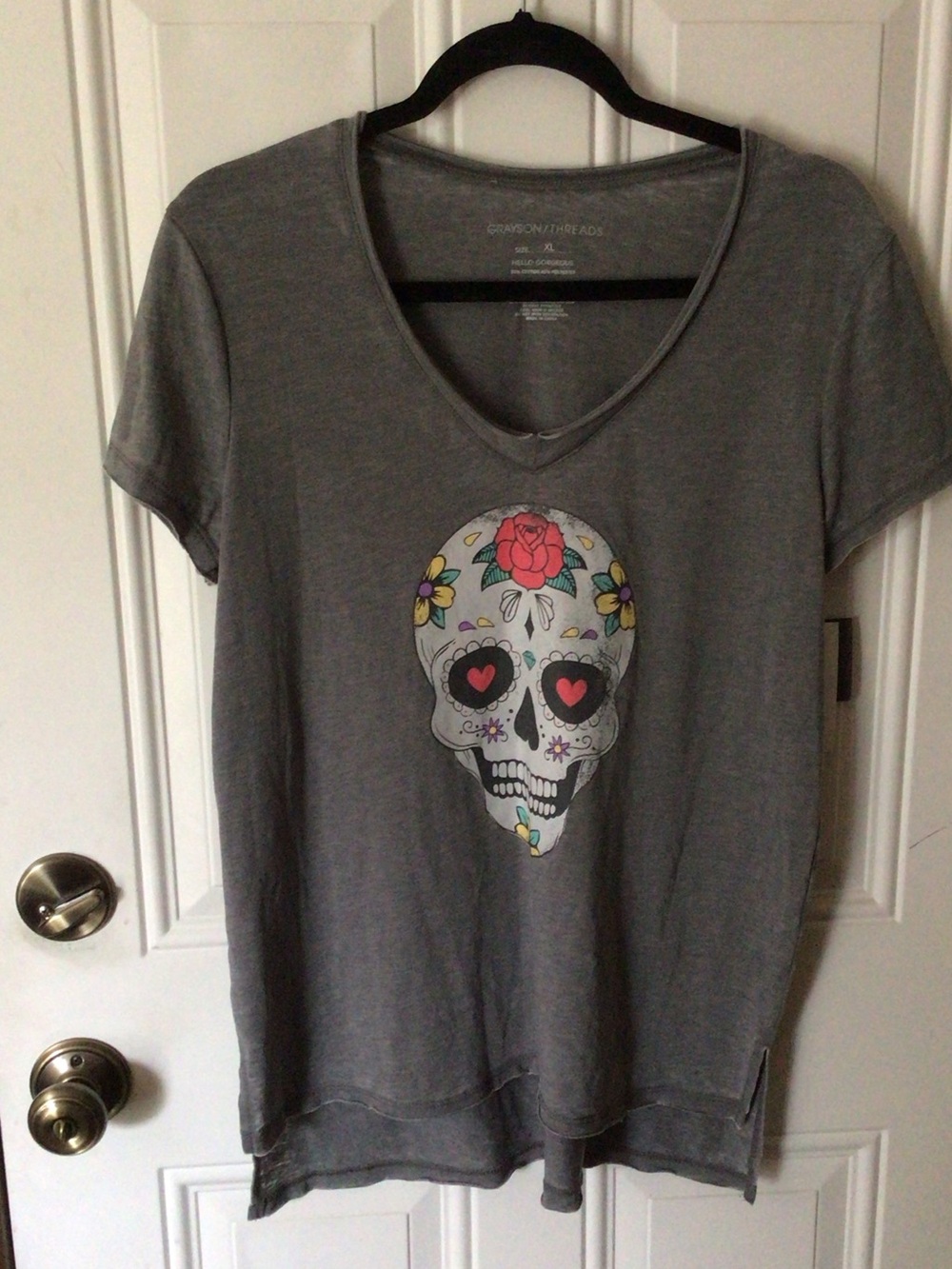 Women’s Gray V-Neck Tee with Colorful Sugar Skull Graphic